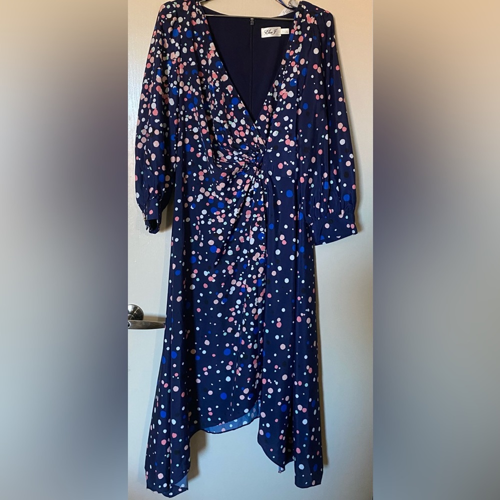Eliza J Polka Dot Surplice Faux Wrap  Handkerchief midi dress